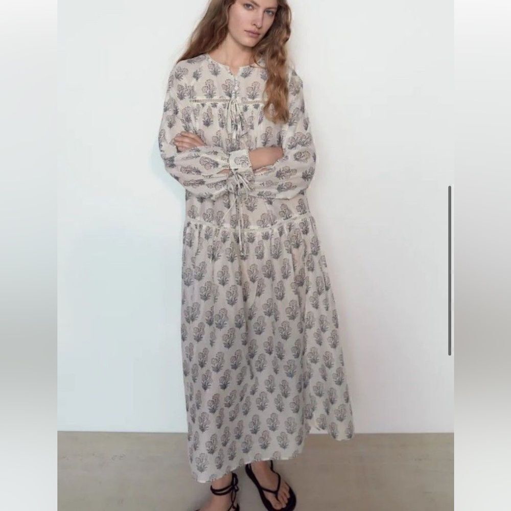Zara Maxi Dress Block Print Boho Flowy Long Sleeves Floral Cream Blue Pink S - Picture 2 of 16
